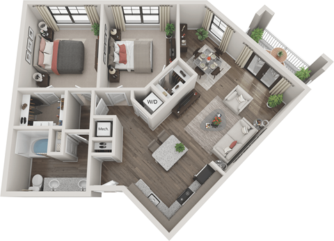 Floor plan for 2 beds, 1 bath, 1023 sqft